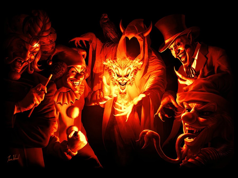 Header image of the six characters in the Insane Clown Posse's mythical dark carnival series glowing in a bright red hue.